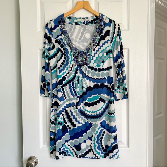 Boden Dresses & Skirts - Boden Size US 8 Beaded V-Neck Dress Blue Teal Abstract Print Stretch Jersey